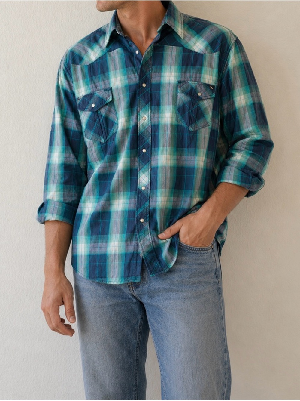 7 Diamonds Mens XL Plaid Western Snap Button Shirt Blue Green Long Sleeve